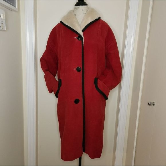 Vintage Jackets & Blazers - Vintage red velvet shearling overcoat